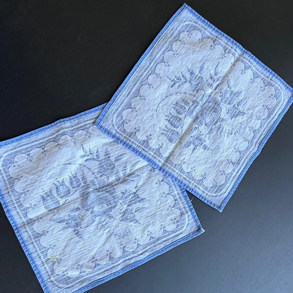 Vintage Blue Floral Cloth Napkins Set of 2 Scalloped Border 11x11 Square Linens